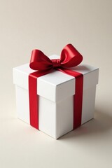 Obraz premium Crisp white gift box, adorned with a classic red bow , white box, ribbon