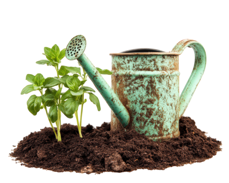 vintage watering can beside young green plants in rich soil, symbolizing growth and nurturing in gardening