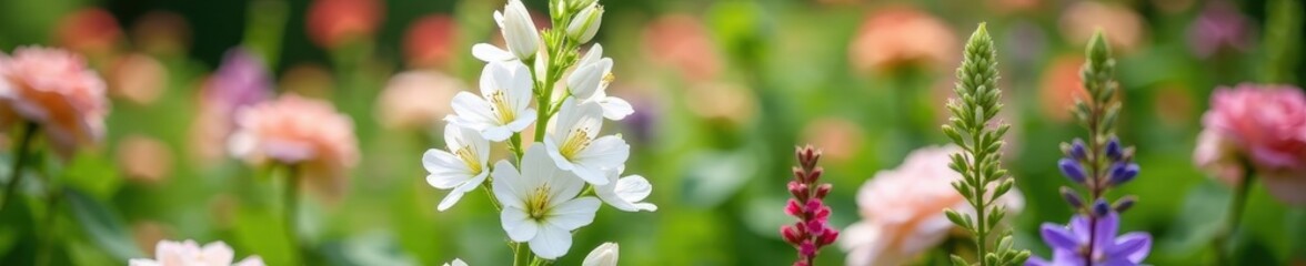 Elegant white verbascum flowers angled, blooming amidst roses and salvia in a summer flowerbed , photography, floral, elegant