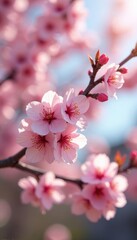 Obraz premium Delicate pink cherry blossoms in full bloom, spring sunlight , sakura, background, soft