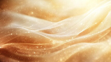 Golden shimmering fabric waves with glowing particles