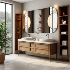 Modern bathroom with wooden cabinets, dual sinks, and arched mirrors, light background. Contemporary home or hotel concept. 3D Rendering