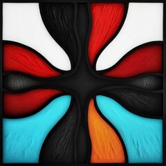 Obraz premium Abstract stained glass design featuring intertwining shapes in vibrant colors of red, blue, black, orange, and white.