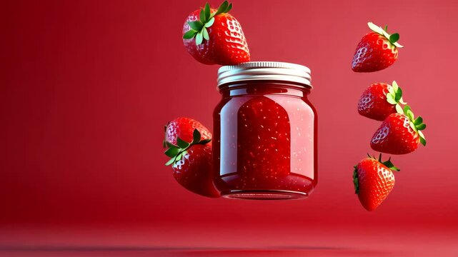 Jar of red strawberry jam is shown with a red background. The jar is filled with strawberries and is floating in the air