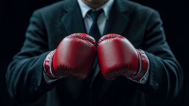 gros plan sur deux gants de boxe rouges port&eacute;s par un homme d'affaires en costume