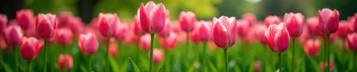 Pink tulips peek out from behind lush green foliage, Dutch countryside, hidden blooms