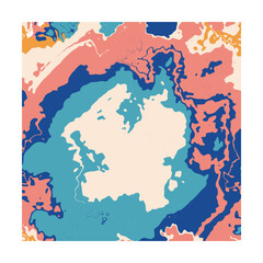 abstract composition with bold, layered shapes in shades of blue, pink, orange, and beige