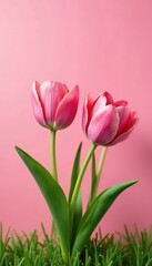 Fototapeta premium Pink tulips unfurl their petals on a soft pink grassy background, greenery, flowers, blooming flowers