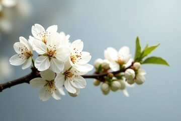 Obraz premium Prunus glandulosa alba plena against a gray sky, bloom, prunus, white flowers