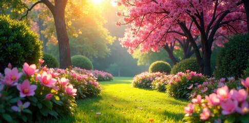 Sun-drenched garden overflowing with blossoms, nature, flowers
