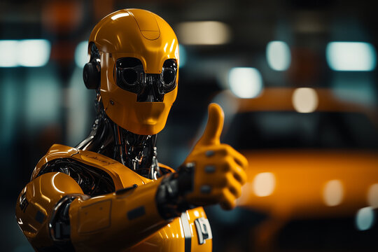 Crash test dummy giving a thumbs up in front of a tested car background.