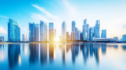 Modern city skyline with towering skyscrapers reflecting in the water during the day. The image captures the essence of urban growth and innovation.