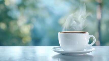 Steaming coffee cup on table, outdoor nature background, morning calm, relaxation