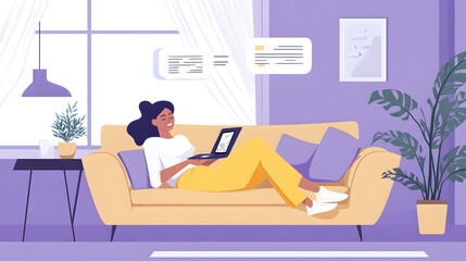 A woman lounging on the couch, holding her laptop
