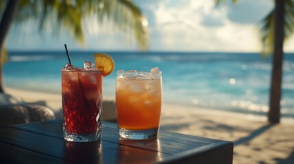 Alcohol consumption at a tropical island resort bar with rum cocktails and beach view. Featuring relaxation and escapism