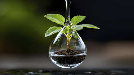 small green plant growing in droplet of water, symbolizing growth and nature beauty