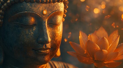 Buddha statue with lotus flower, golden bokeh lights, serene zen decor, calm meditation art, tranquil spirituality image