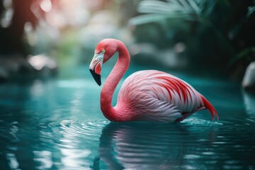 Fototapeta premium A vibrant pink flamingo gracefully floats on teal water, its reflection mirroring the serene scene.
