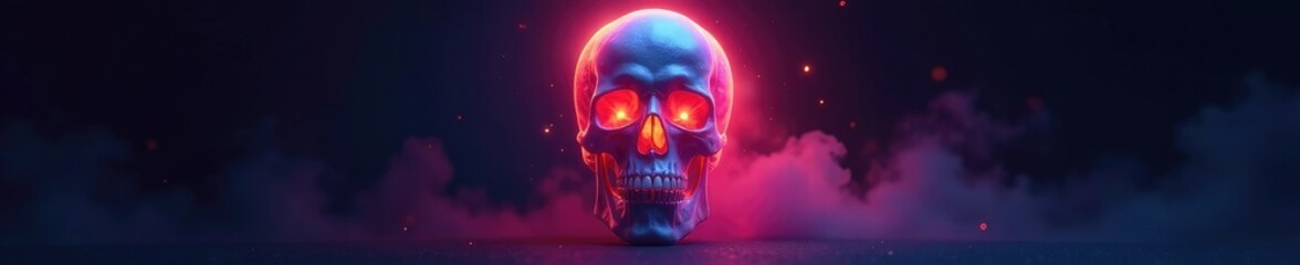 Skull with a glowing aura in the dark background, radiant, shadowy