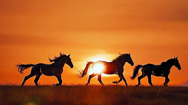 Silhouette of running horses against a sunset background
