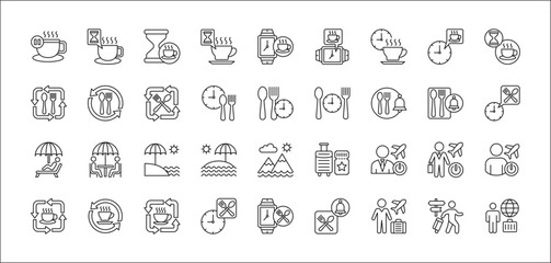 Office coffee break icon set. Time break for lunch icon collection. Vacation office day off symbol. Icon set contain symbol of coffee time, rest hours, lunchtime, eat, vacation, holiday, beach.