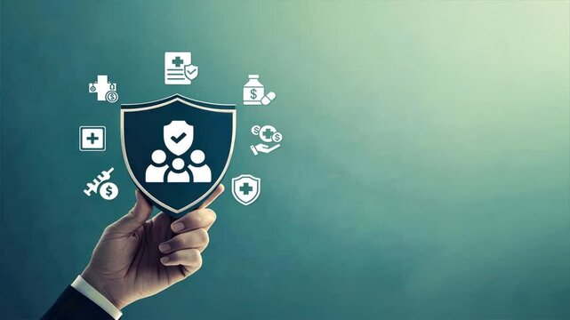 Hand holding a shield with healthcare insurance icons on a blue background, representing healthcare costs, insurance premiums, and reliable medical coverage plans