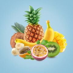 collection of exotic fruits on a blue background