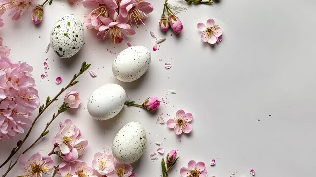 Decorative white eggs surrounded by pink blossoms create a tranquil spring atmosphere for festive celebrations
