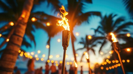 Alcohol consumption at a vibrant beach party with cocktails. Featuring palm trees and tiki torches