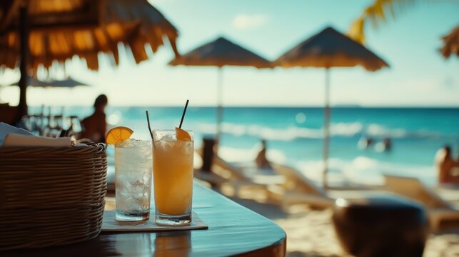 Alcohol consumption at a vibrant beach bar with cocktails and ocean views. Featuring relaxation and carefree vibes