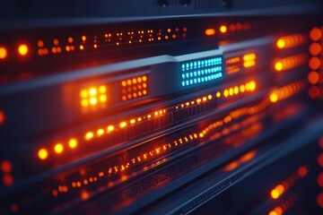Close-up view of illuminated server racks, showcasing data center infrastructure and network activity.