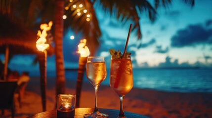 Alcohol consumption at a vibrant beach party with cocktails. Featuring palm trees and tiki torches
