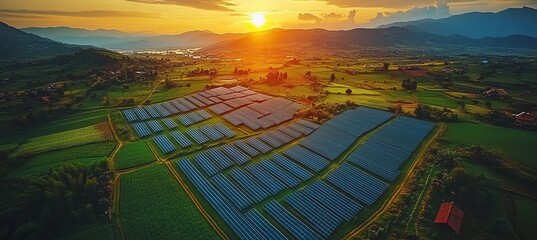 Fototapeta premium High-angle drone view of a solar farm with solar batteries at sunset in a rural landscape