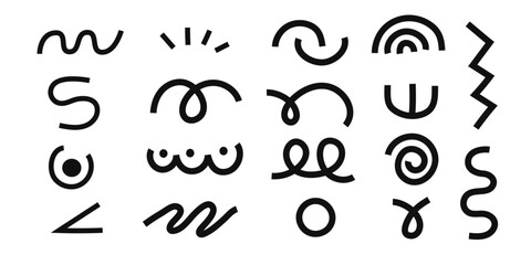 Memphis Pattern Design set,Ink squiggly lines,Curvy Background Design Elements,Hand Drawn and selected for a poppy trendy background,  