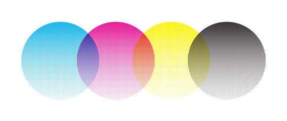 CMYK dot pattern background. Halftone dotted prepress color ink texture. Vector abstract printed production design. Bitmap pop art banner bg. Postscript rip chart illustration