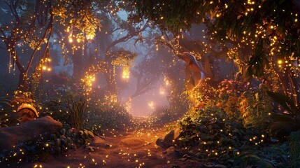 Naklejka premium Enchanted forest pathway illuminated by magical lights and vibrant flora on a serene evening in a mystical landscape
