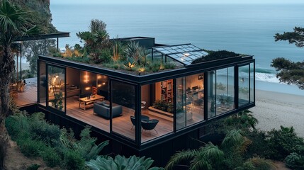 Modern coastal retreat with glass walls and lush greenery overlooking serene ocean waves at sunset. Generative AI