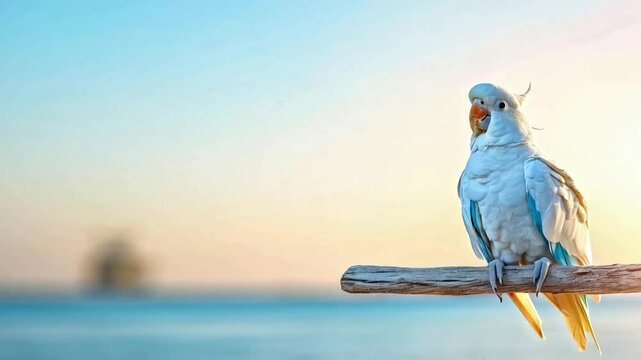 A vibrant macaw sits gracefully on a branch as the sun sets in the background. The warm colors of the sky blend beautifully, creating a peaceful atmosphere in the natural setting.