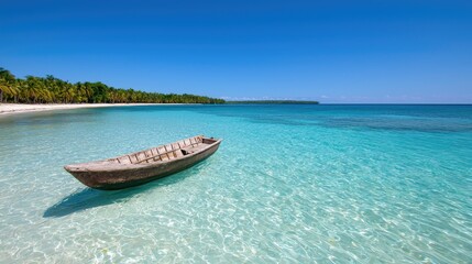 Fototapeta premium Tropical beach scene with wooden boat, clear water. Peaceful getaway