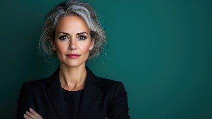 Confident woman, teal background, portrait, business headshot