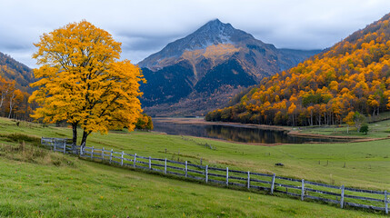 Autumnal mountain lake, golden tree, pasture fence