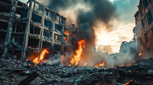 Destruction and chaos in war zone as flames engulf damaged buildings under darkening sky, destroyed building at war zone attack, fire burn, video in background