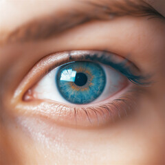 Extreme close-up of a blue eye with detailed iris and reflection, emphasizing vision, human anatomy, and the beauty of the human eye.