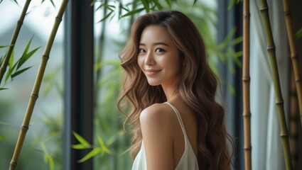 Fototapeta premium In a portrait of striking beauty, a woman's smooth shoulders are highlighted by dappled sunlight filtering through bamboo leaves. The interplay of light and shadow creates a luminous effect.