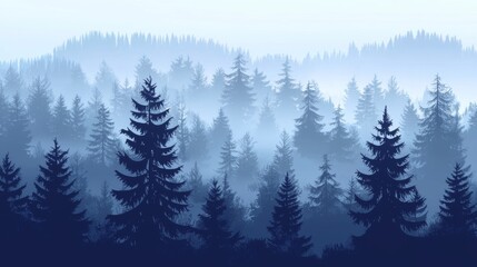 Fototapeta premium Serene Dark Blue Evening Forest Landscape with Hazy Background and Pine Trees Silhouetted Against Soft Fog