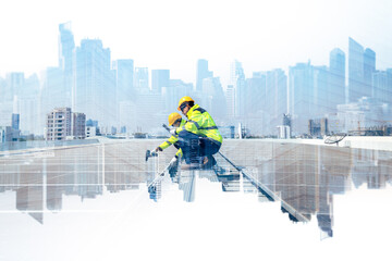 Obraz premium The double exposure image of the engineer thinking overlays with cityscape image with copy space. The concept of engineering, construction, futuristic and industry..