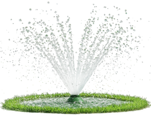 Water sprinkler spraying water on green grass, creating refreshing scene. Ideal for gardens and lawns, this sprinkler enhances outdoor spaces with its effective irrigation