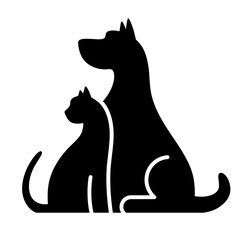 Silhouette of a dog and cat sitting. Veterinary clinic or pet food logo. Black and white logo featuring animal friends. Illustration of pets and care for cats and dogs.