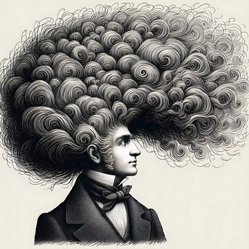 A person in a suit with an exaggeratedly large and intricate hairstyle composed of numerous swirling patterns, with the face obscured by a blurred square