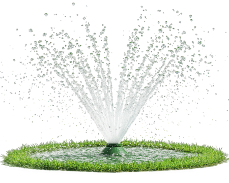Water sprinkler spraying water on green grass, creating refreshing scene. Ideal for gardens and lawns, this sprinkler enhances outdoor spaces with its effective irrigation